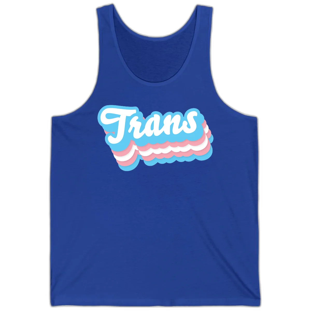 Trans pride cloud layers design with white 'Trans' text on alternating blue, pink, and white scalloped cloud shapes in True Royal