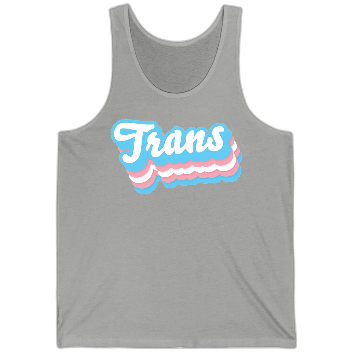 Trans pride cloud layers design with white 'Trans' text on alternating blue, pink, and white scalloped cloud shapes in Athletic Heather