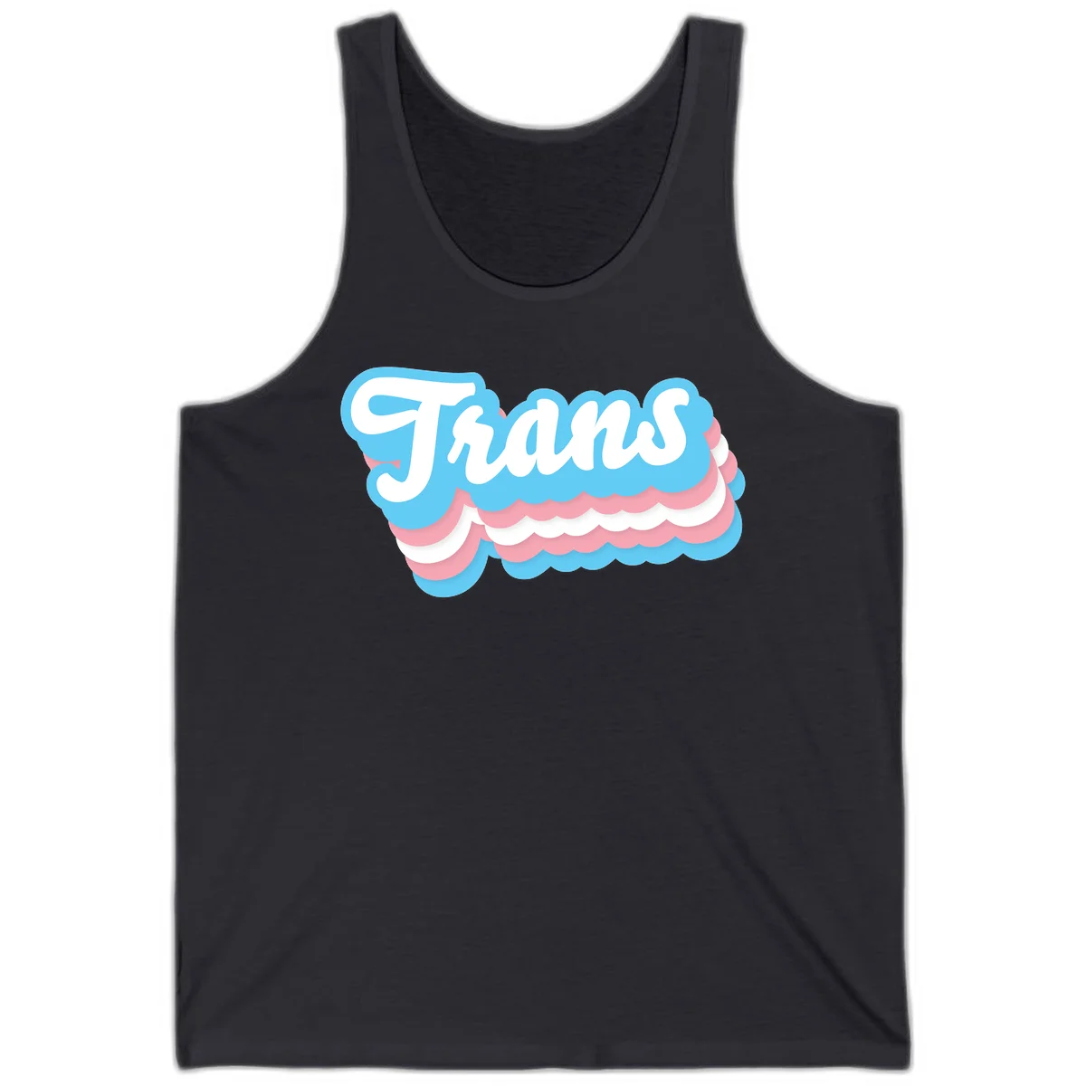 Trans pride cloud layers design with white 'Trans' text on alternating blue, pink, and white scalloped cloud shapes in Dark Grey