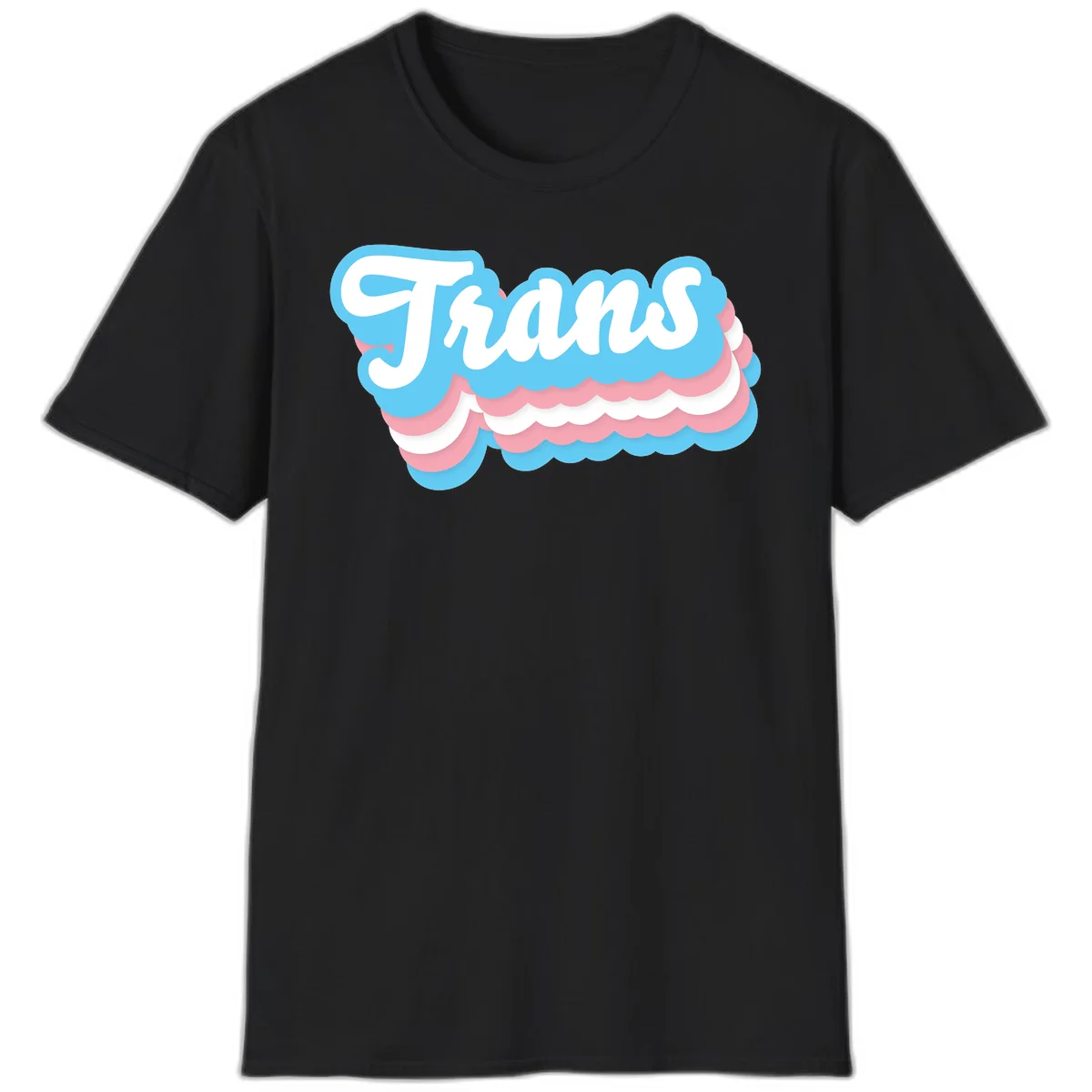 Trans pride cloud layers design with white 'Trans' text on alternating blue, pink, and white scalloped cloud shapes in Black