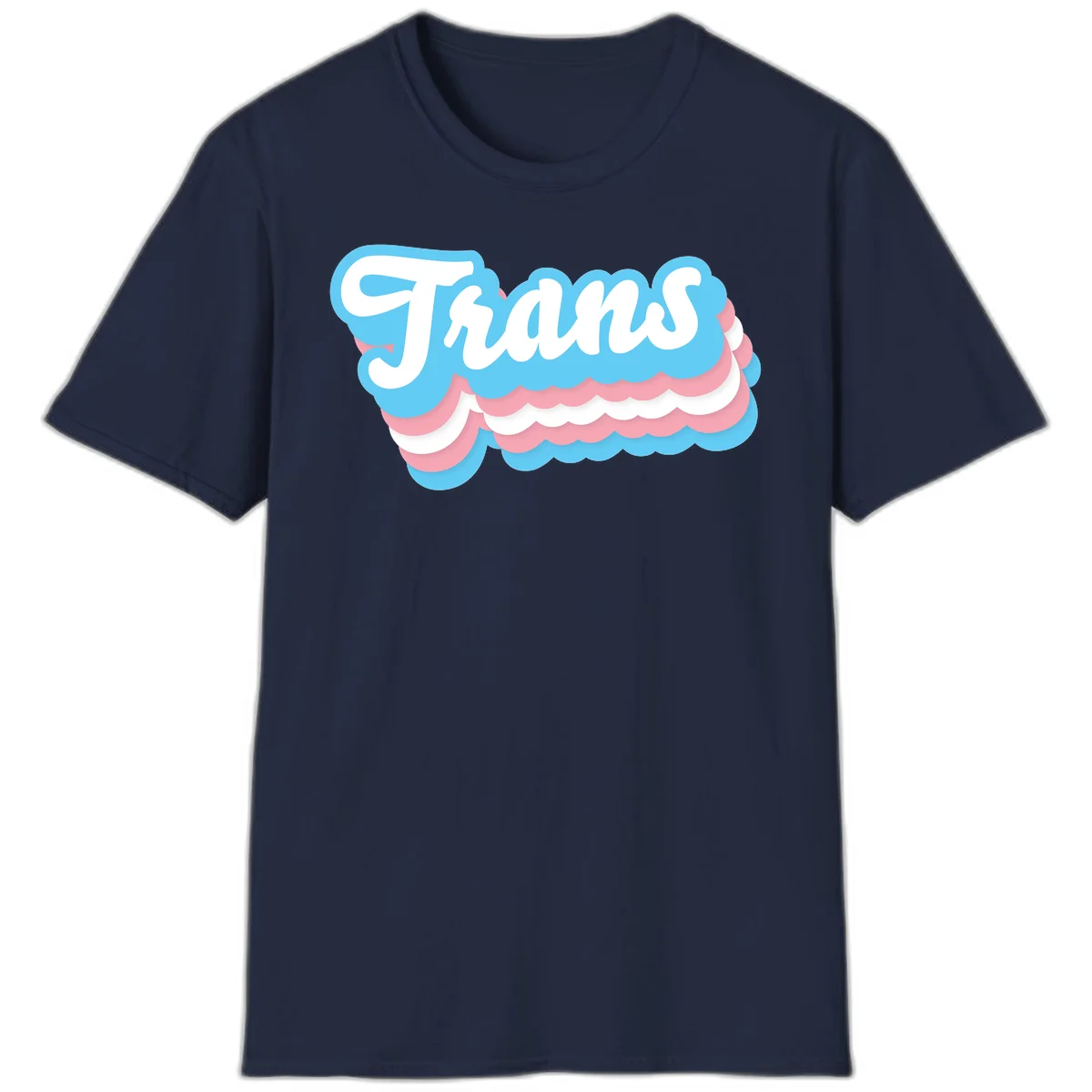 Trans pride cloud layers design with white 'Trans' text on alternating blue, pink, and white scalloped cloud shapes in Navy