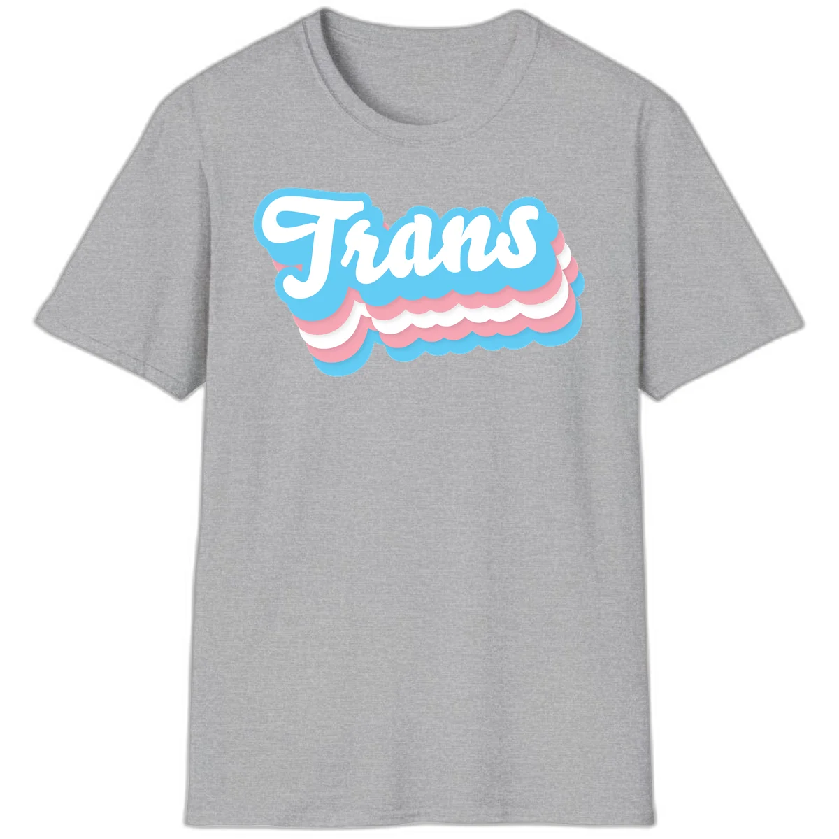 Trans pride cloud layers design with white 'Trans' text on alternating blue, pink, and white scalloped cloud shapes in Sport Grey