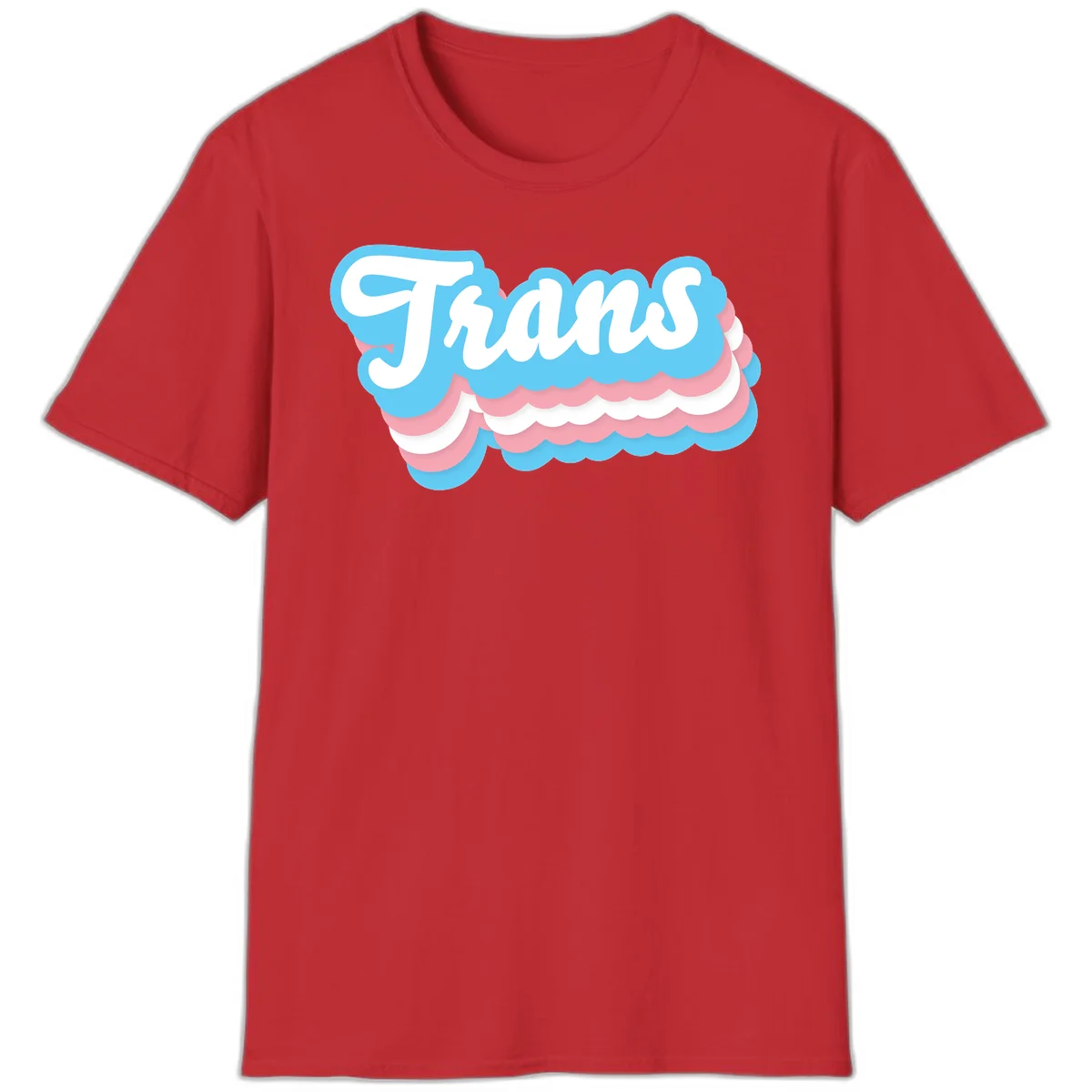 Trans pride cloud layers design with white 'Trans' text on alternating blue, pink, and white scalloped cloud shapes in Red