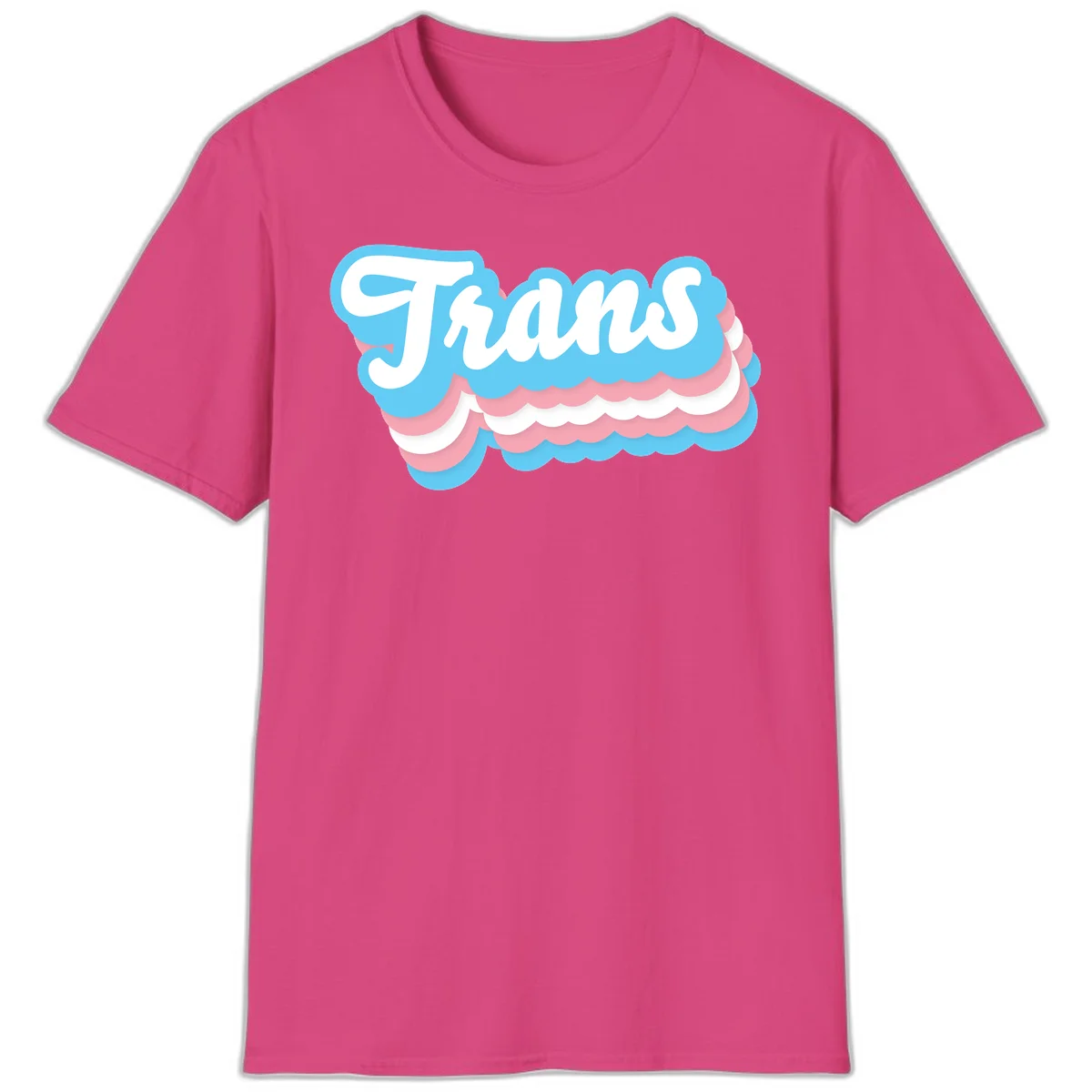 Trans pride cloud layers design with white 'Trans' text on alternating blue, pink, and white scalloped cloud shapes in Heliconia