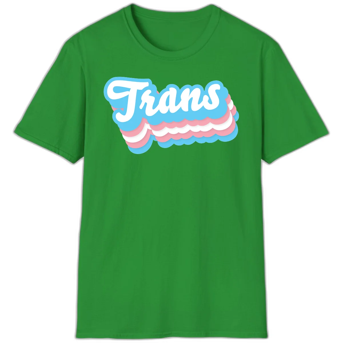 Trans pride cloud layers design with white 'Trans' text on alternating blue, pink, and white scalloped cloud shapes in Irish Green