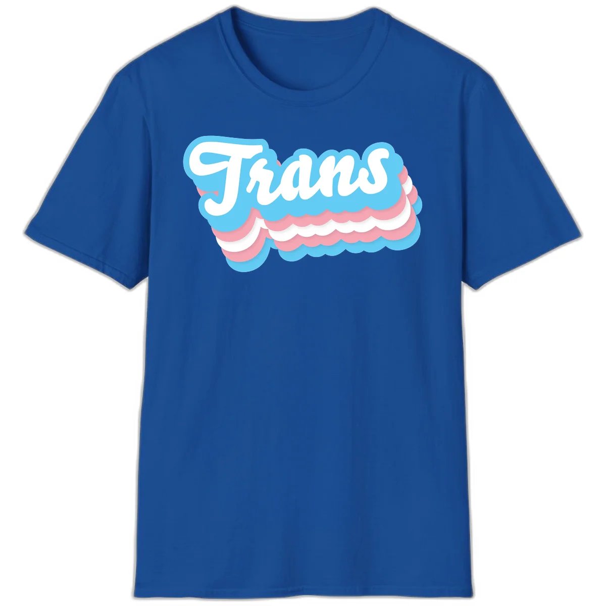 Trans pride cloud layers design with white 'Trans' text on alternating blue, pink, and white scalloped cloud shapes in Royal