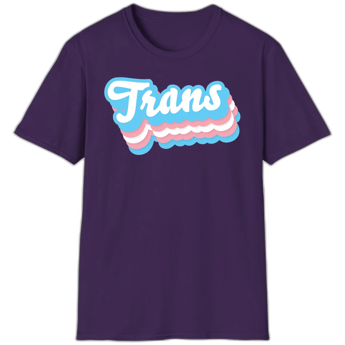 Trans pride cloud layers design with white 'Trans' text on alternating blue, pink, and white scalloped cloud shapes in Purple