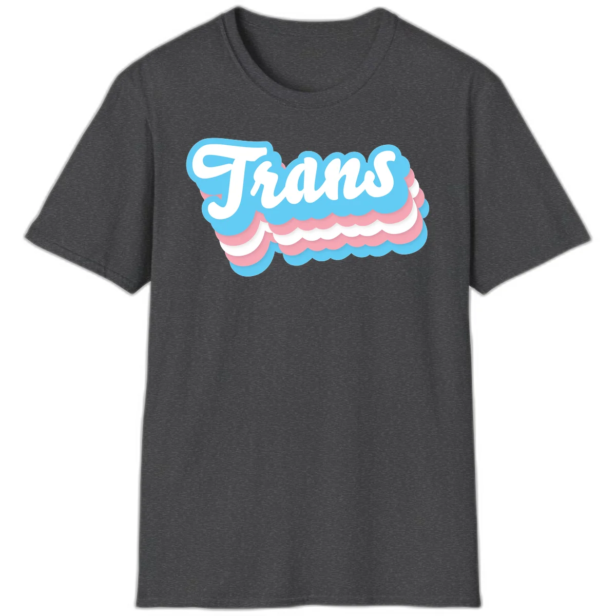Trans pride cloud layers design with white 'Trans' text on alternating blue, pink, and white scalloped cloud shapes in Dark Heather