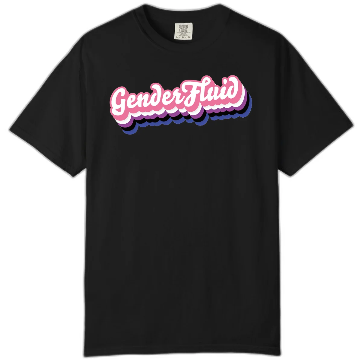 Colorful gender fluid pride design with white text and pink, purple, blue layered cloud effect in Black