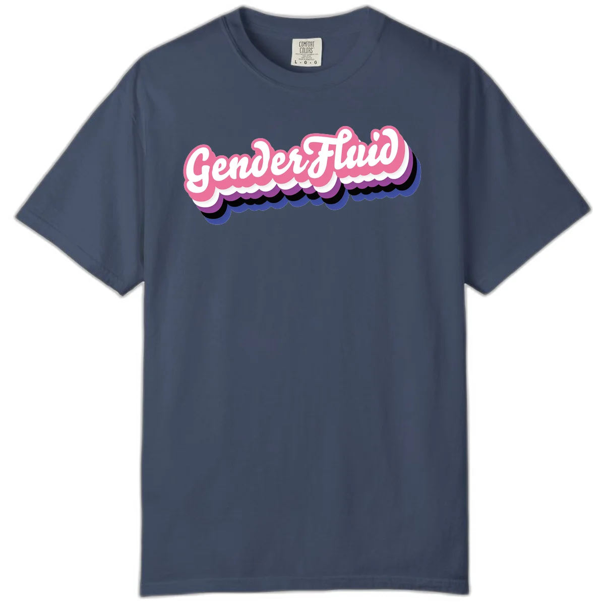 Colorful gender fluid pride design with white text and pink, purple, blue layered cloud effect in Midnight