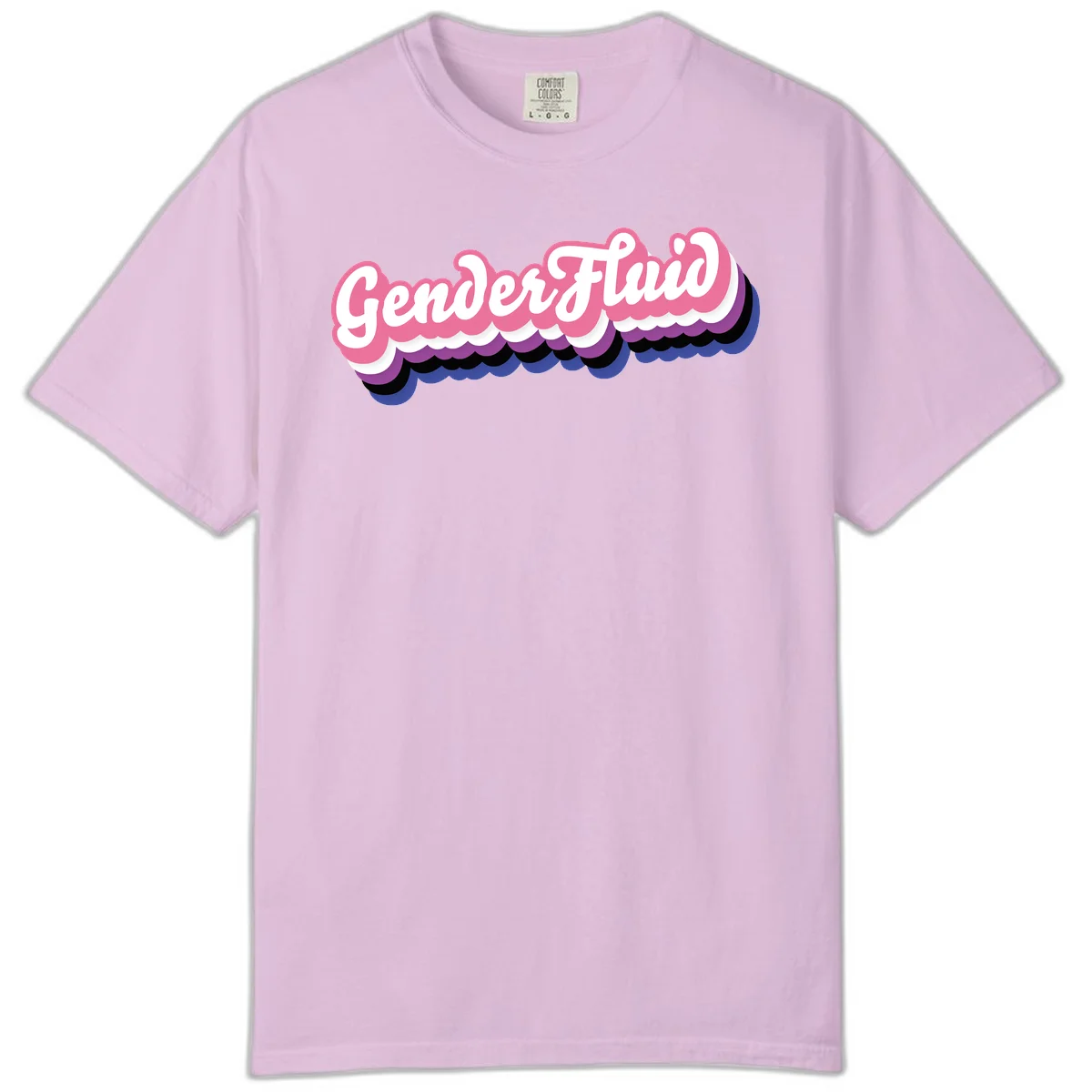 Colorful gender fluid pride design with white text and pink, purple, blue layered cloud effect in Orchid