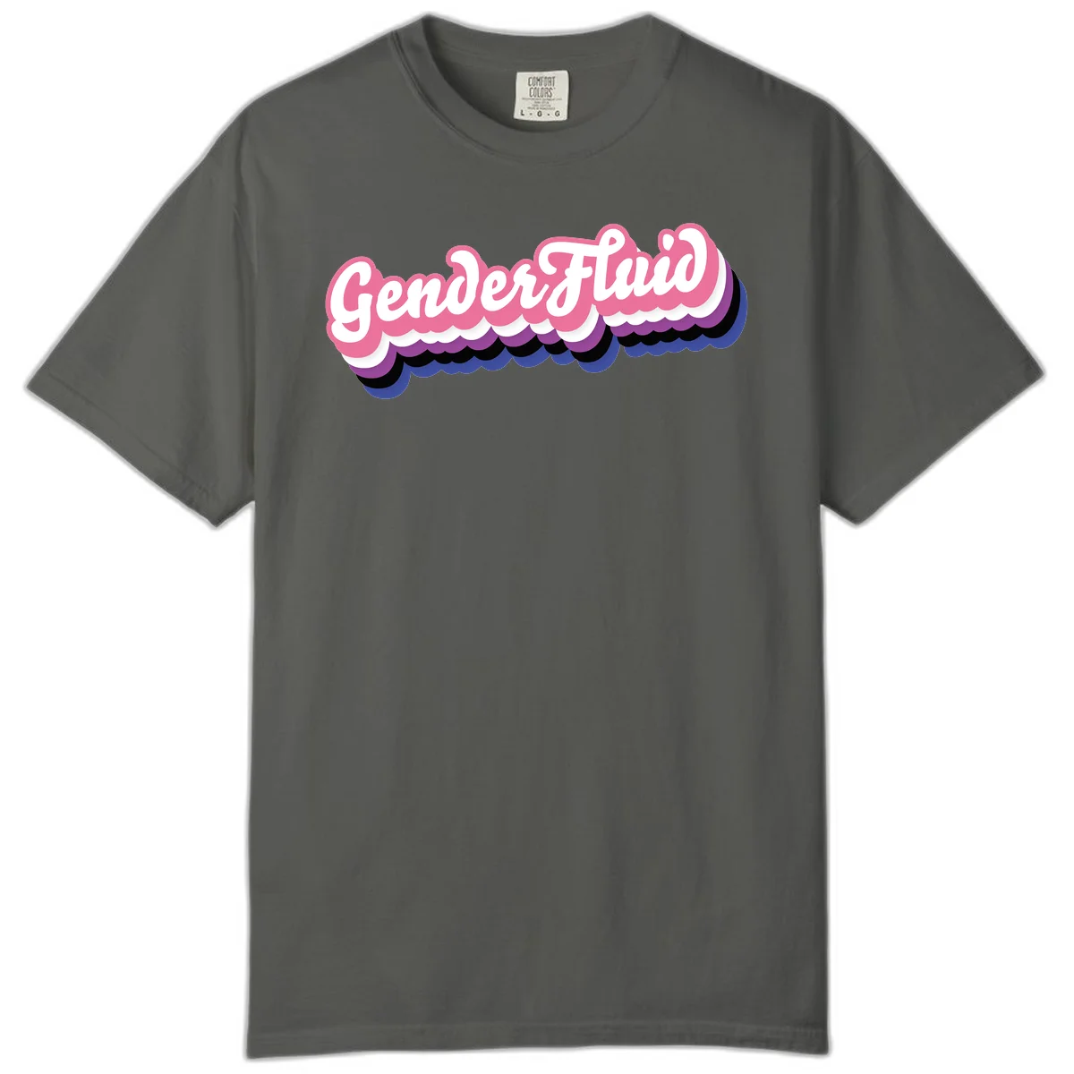 Colorful gender fluid pride design with white text and pink, purple, blue layered cloud effect in Pepper