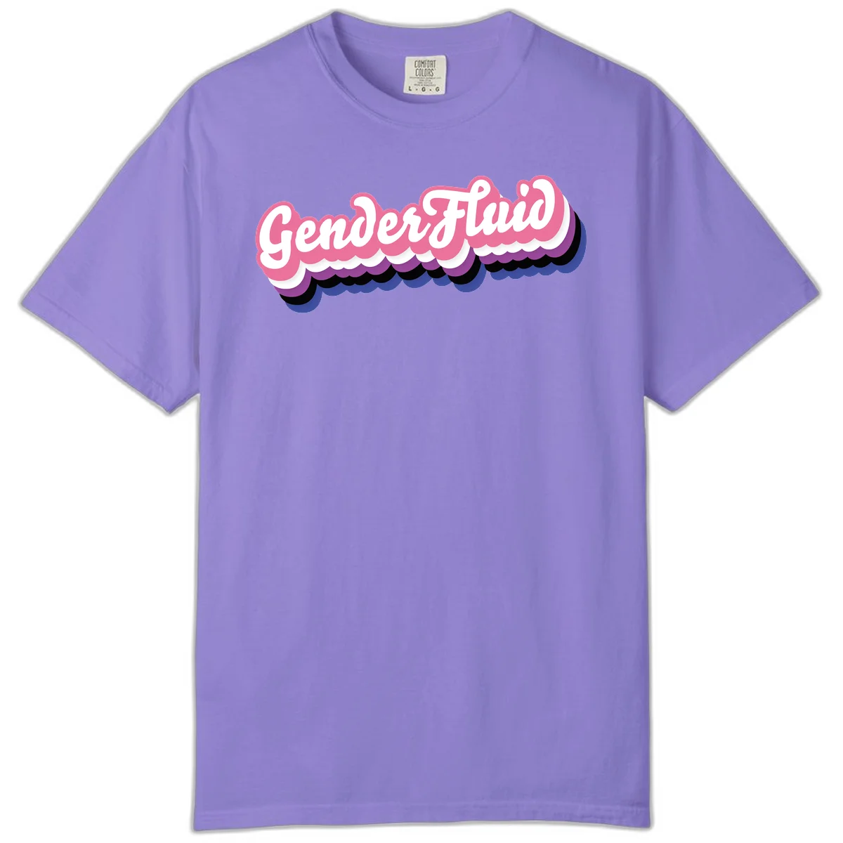 Colorful gender fluid pride design with white text and pink, purple, blue layered cloud effect in Violet