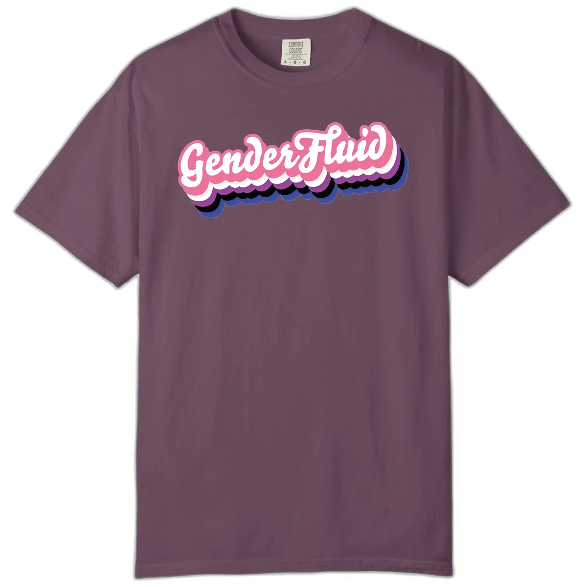 Colorful gender fluid pride design with white text and pink, purple, blue layered cloud effect in Berry