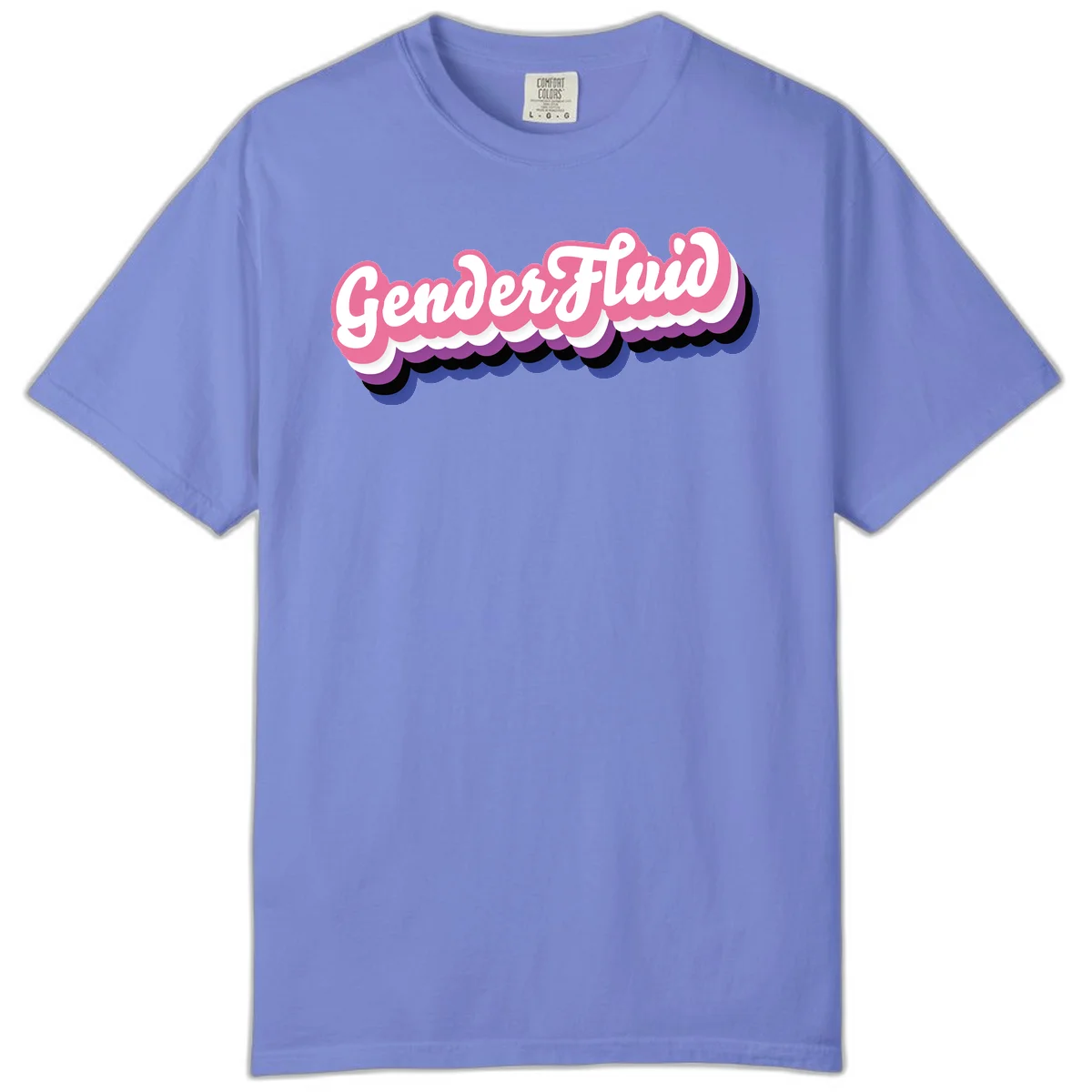 Colorful gender fluid pride design with white text and pink, purple, blue layered cloud effect in Flo Blue