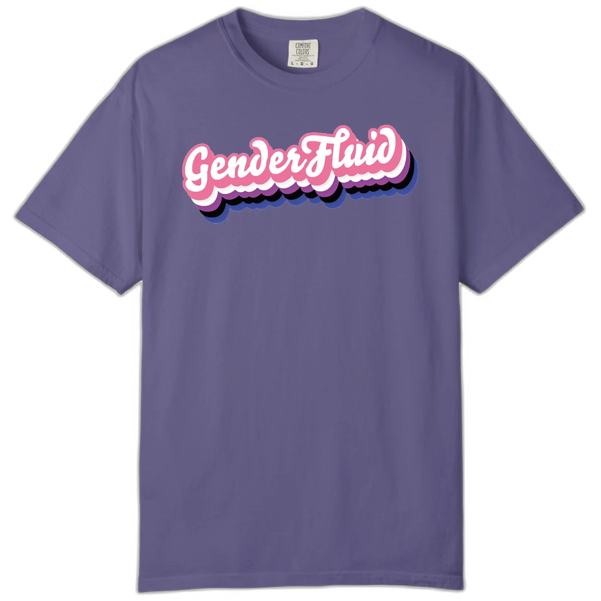 Colorful gender fluid pride design with white text and pink, purple, blue layered cloud effect in Grape