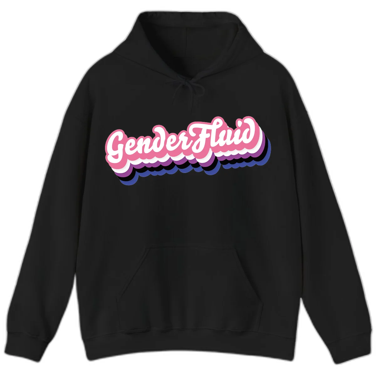 Colorful gender fluid pride design with white text and pink, purple, blue layered cloud effect in Black