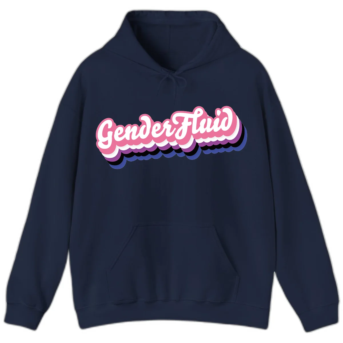 Colorful gender fluid pride design with white text and pink, purple, blue layered cloud effect in Navy