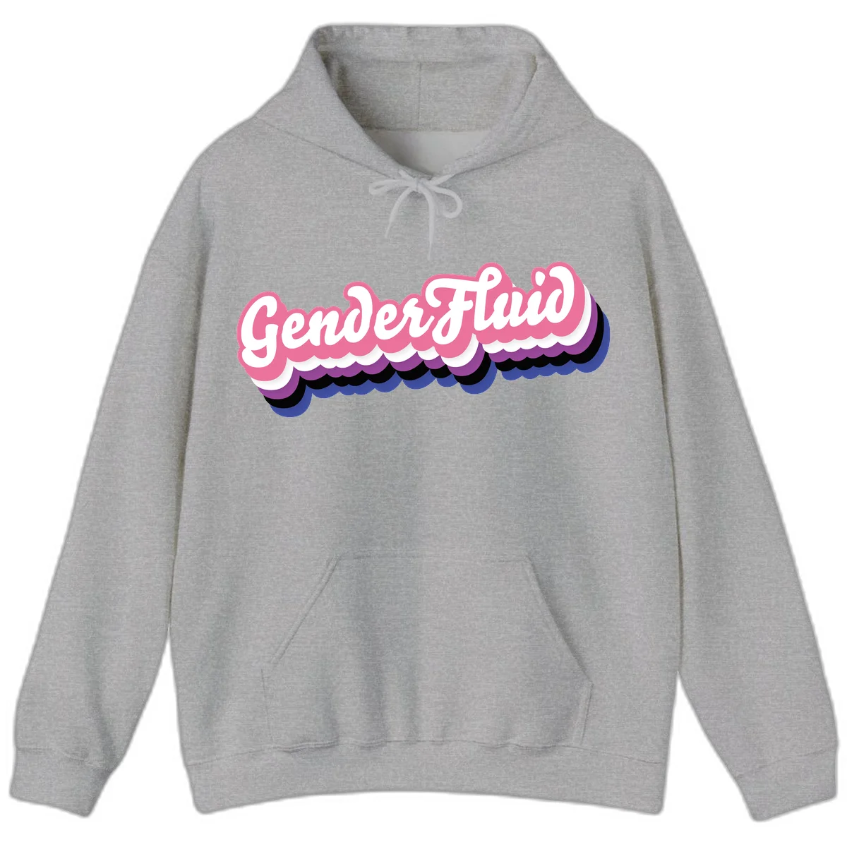 Colorful gender fluid pride design with white text and pink, purple, blue layered cloud effect in Sport Grey
