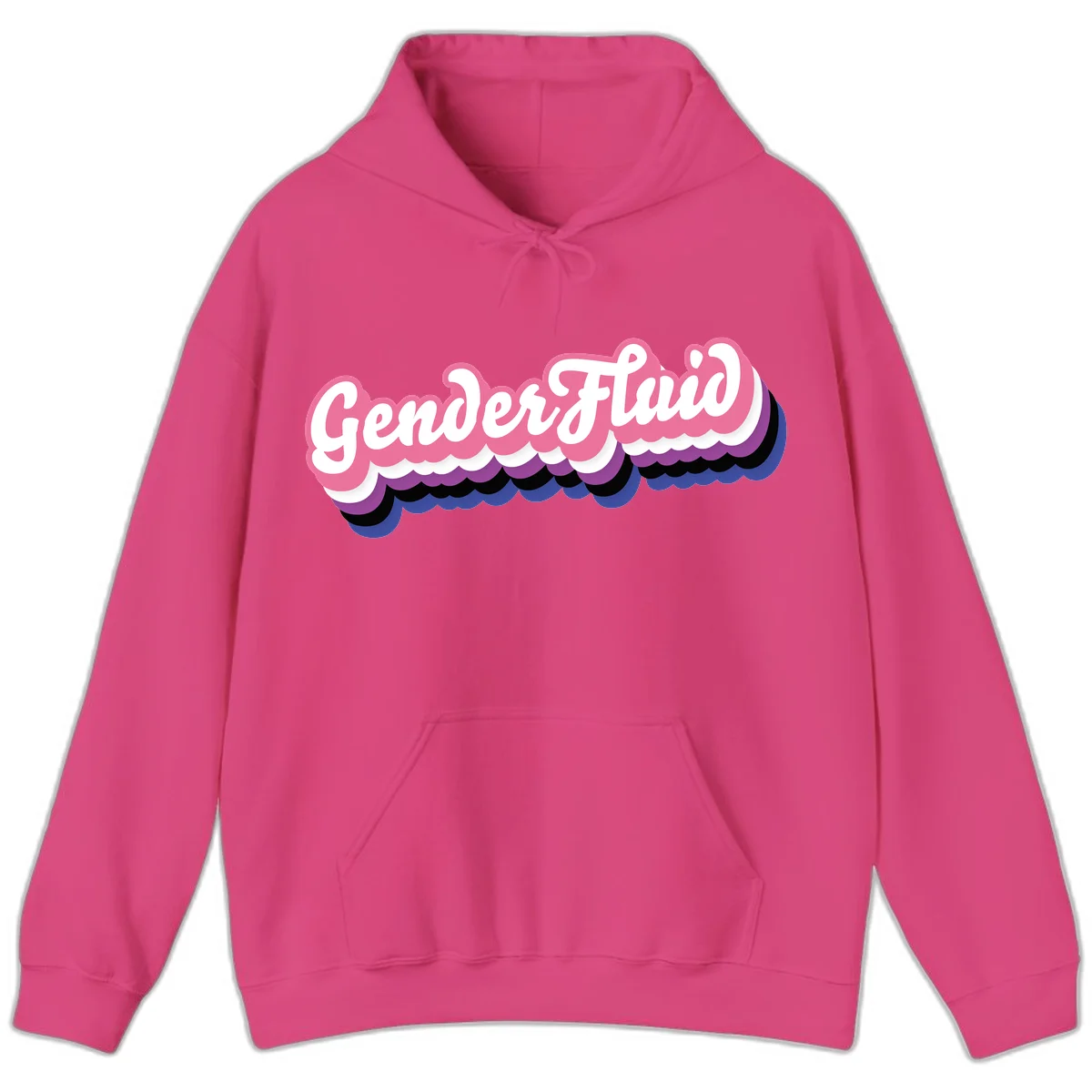 Colorful gender fluid pride design with white text and pink, purple, blue layered cloud effect in Heliconia