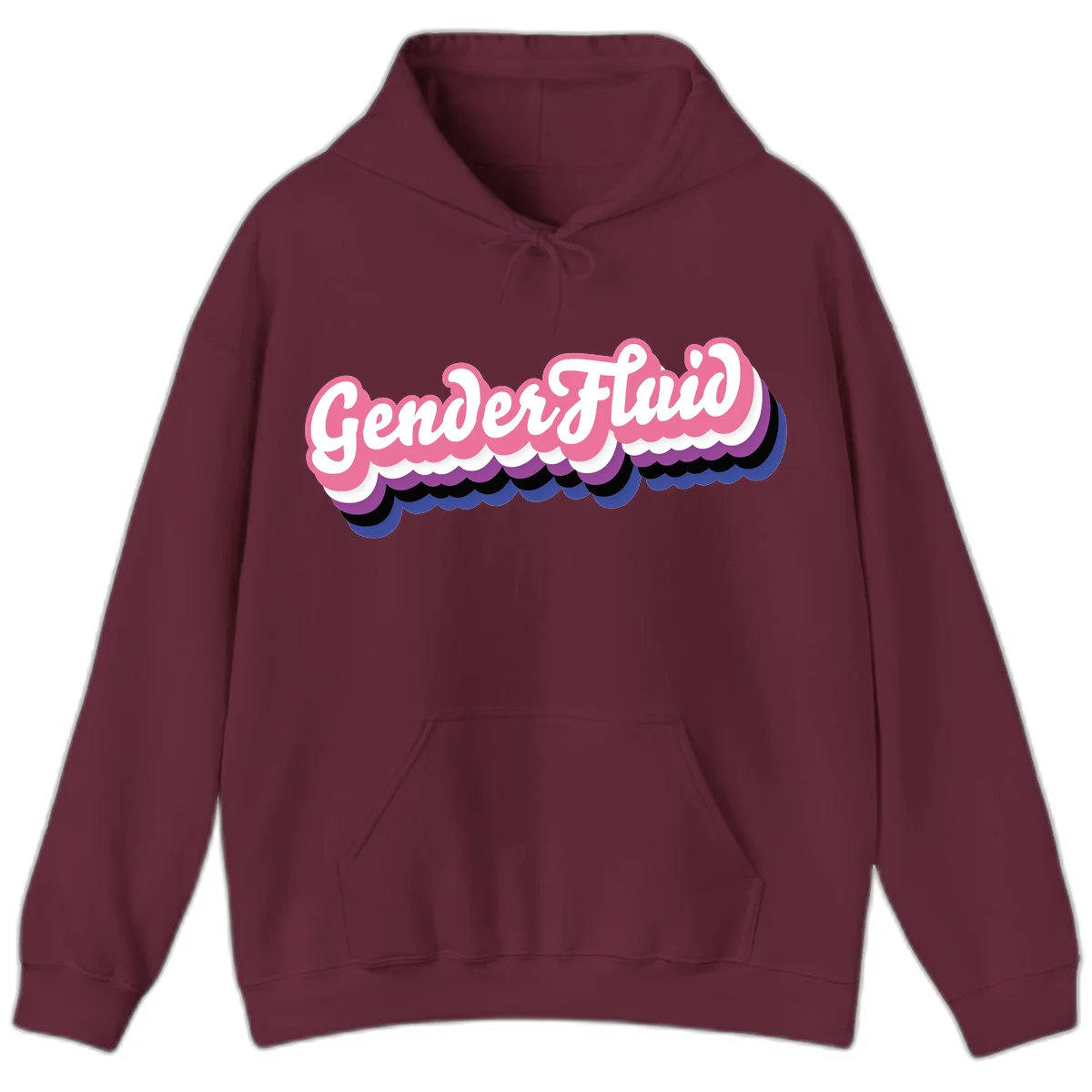 Colorful gender fluid pride design with white text and pink, purple, blue layered cloud effect in Maroon