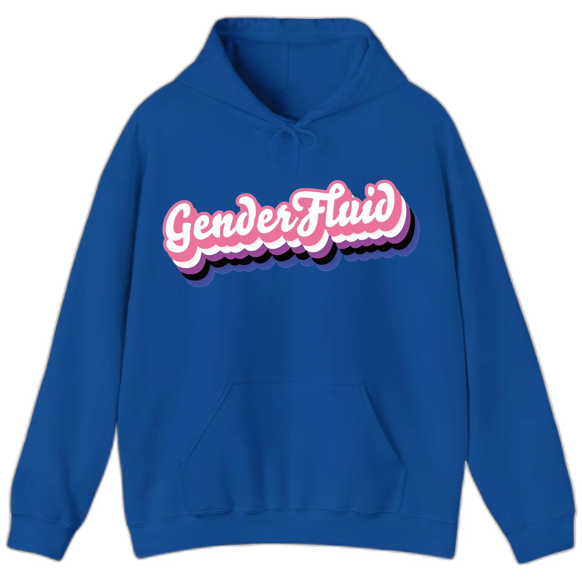 Colorful gender fluid pride design with white text and pink, purple, blue layered cloud effect in Royal