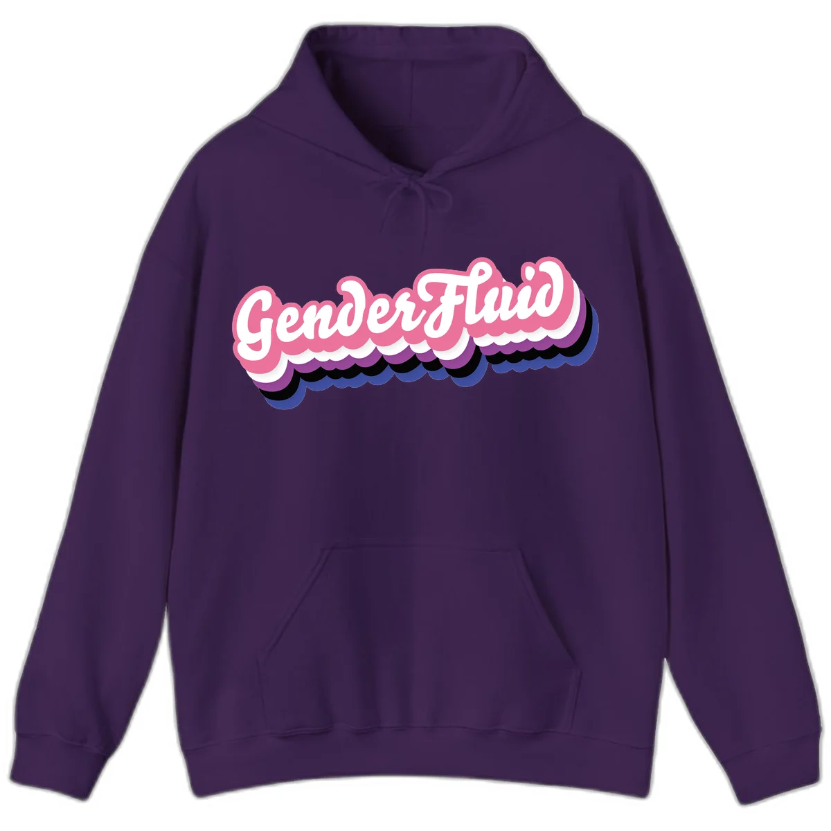 Colorful gender fluid pride design with white text and pink, purple, blue layered cloud effect in Purple