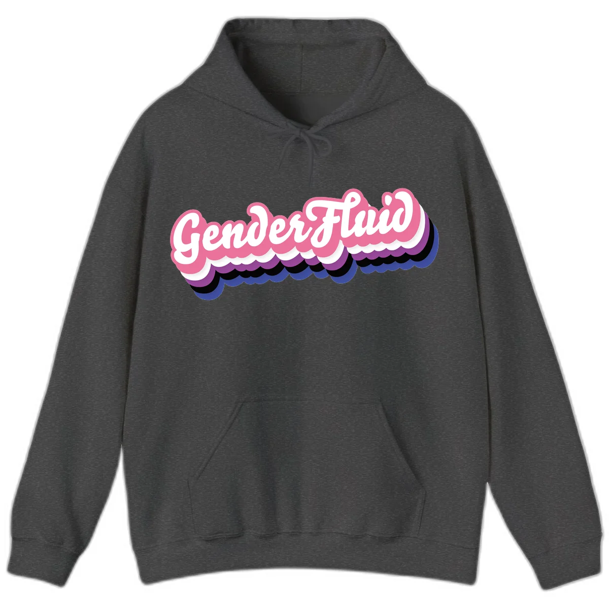 Colorful gender fluid pride design with white text and pink, purple, blue layered cloud effect in Dark Heather