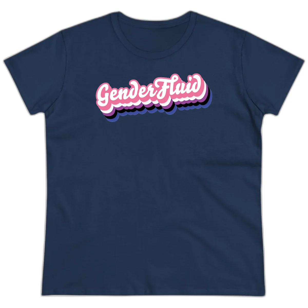 Colorful gender fluid pride design with white text and pink, purple, blue layered cloud effect in Navy