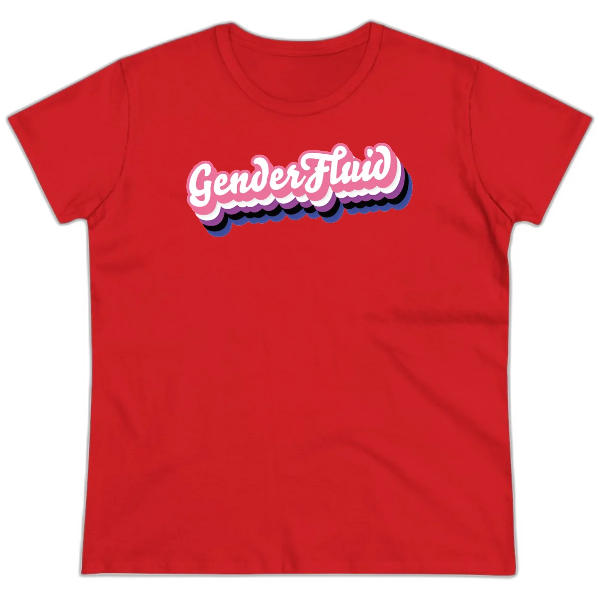 Colorful gender fluid pride design with white text and pink, purple, blue layered cloud effect in Red