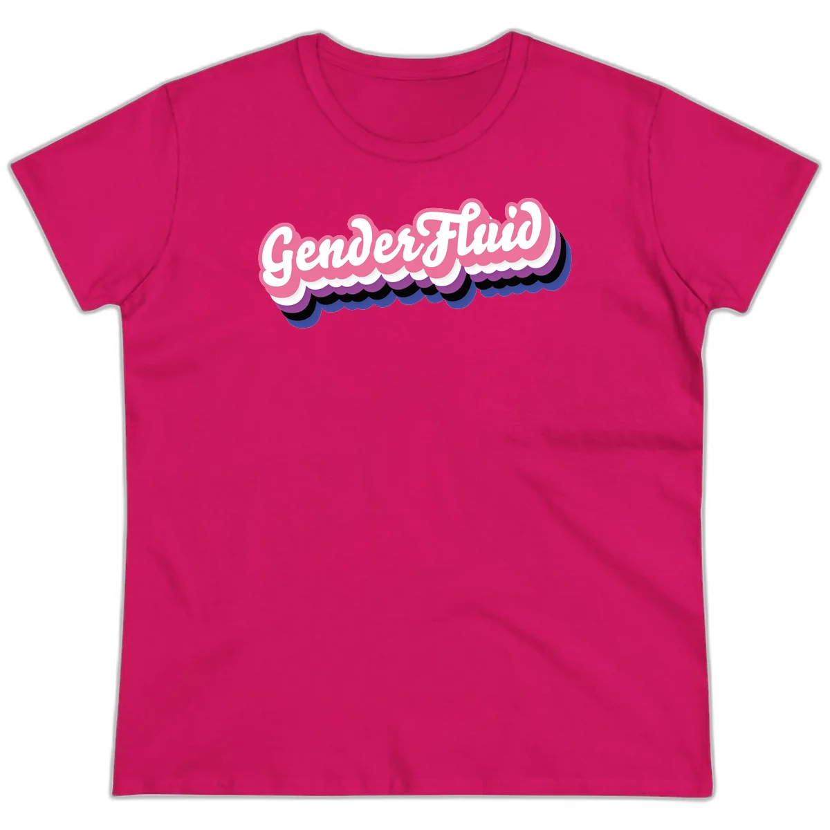 Colorful gender fluid pride design with white text and pink, purple, blue layered cloud effect in Heliconia