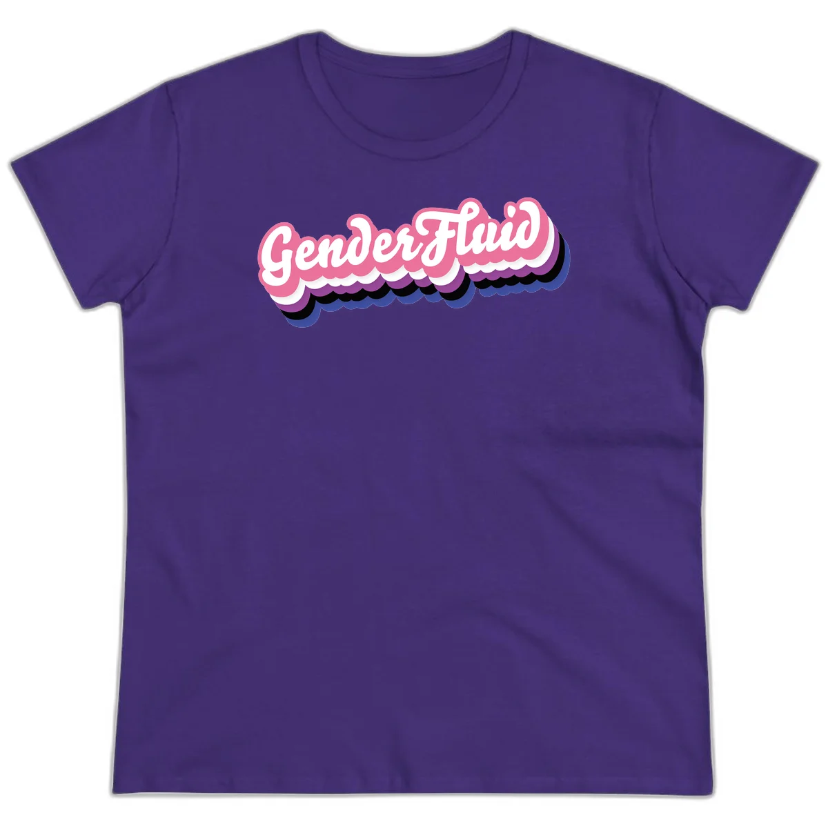 Colorful gender fluid pride design with white text and pink, purple, blue layered cloud effect in Purple