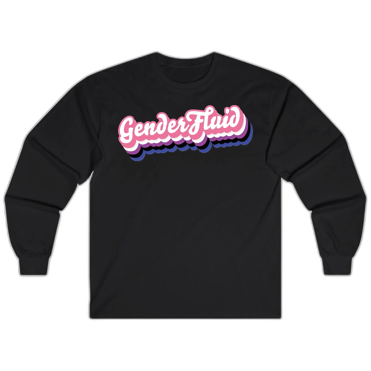 Colorful gender fluid pride design with white text and pink, purple, blue layered cloud effect in Black
