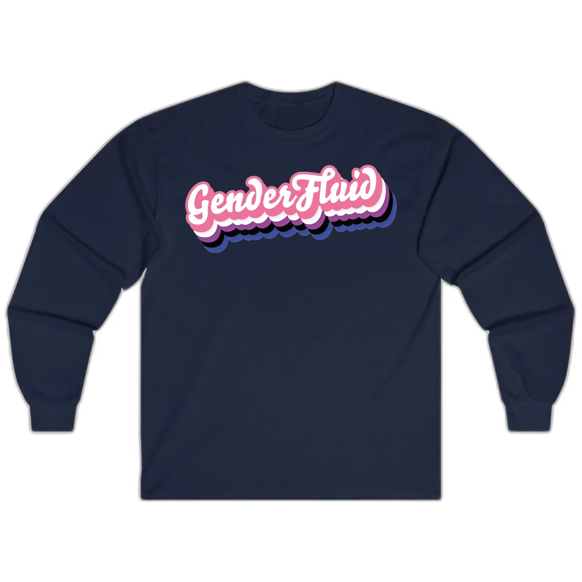 Colorful gender fluid pride design with white text and pink, purple, blue layered cloud effect in Navy