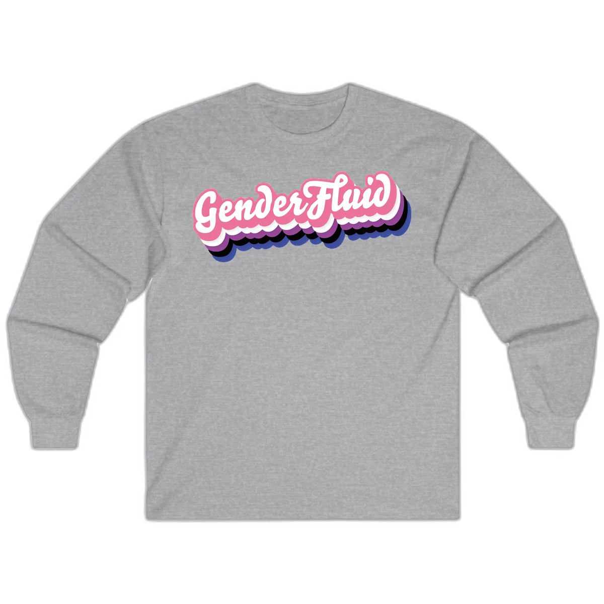 Colorful gender fluid pride design with white text and pink, purple, blue layered cloud effect in Sport Grey
