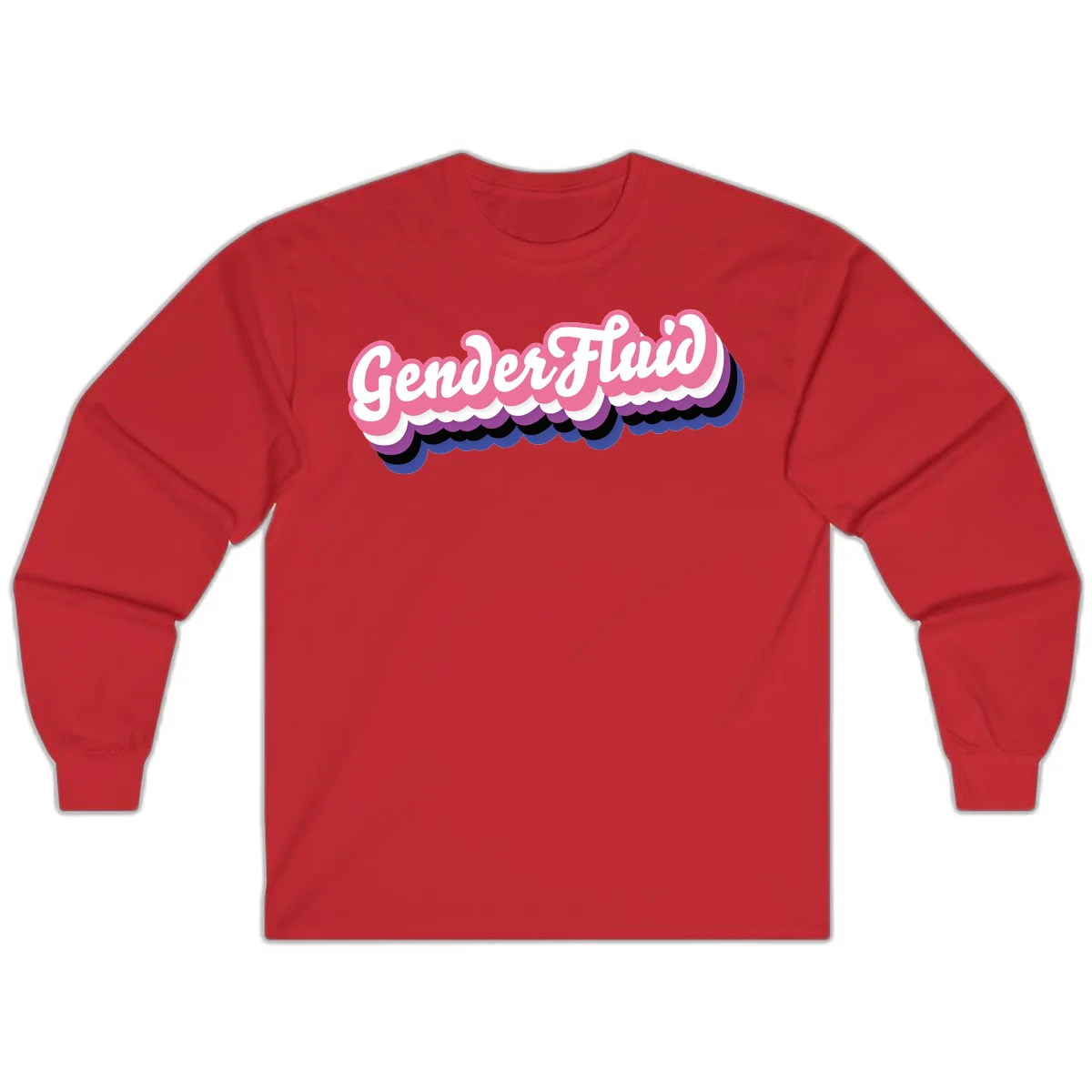 Colorful gender fluid pride design with white text and pink, purple, blue layered cloud effect in Red