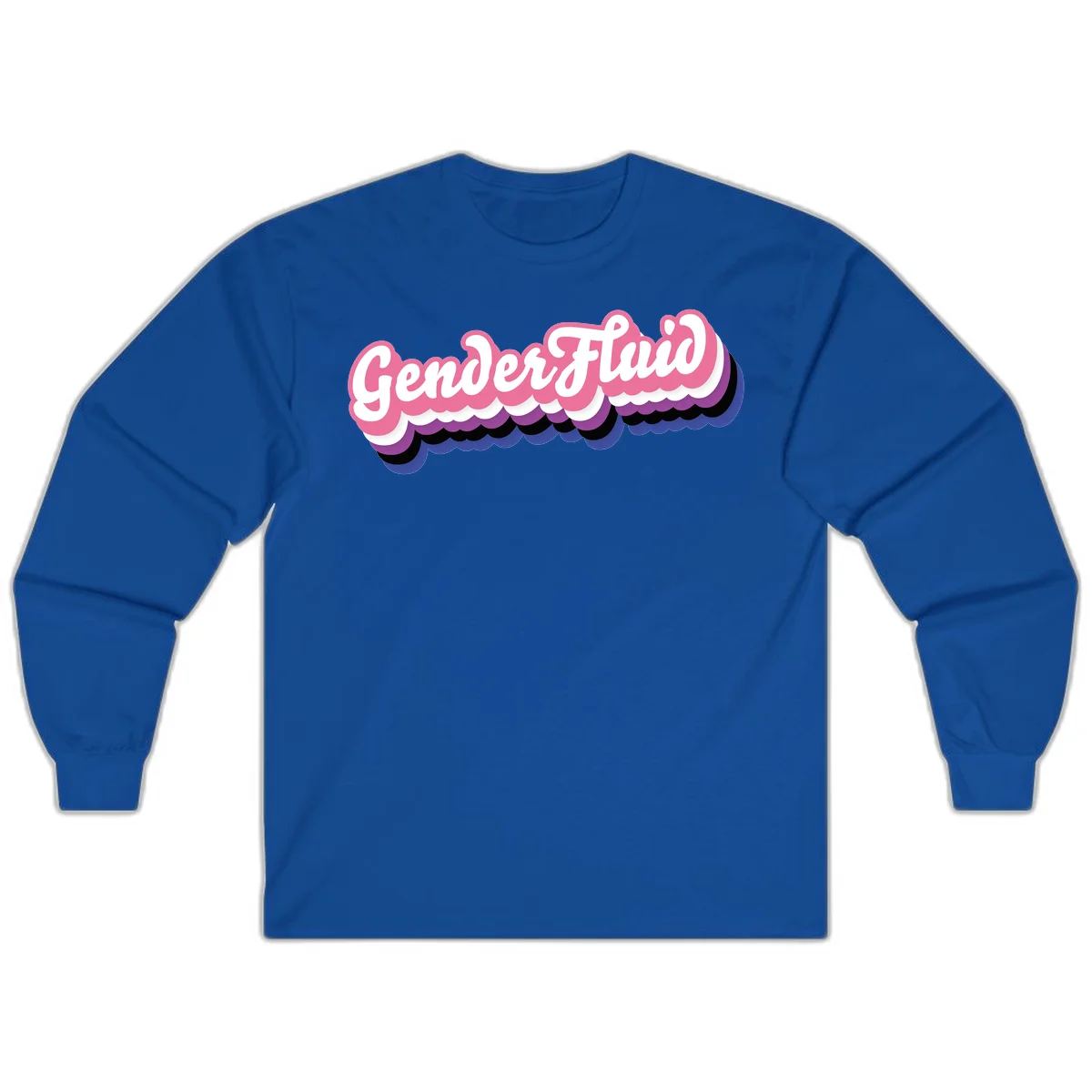 Colorful gender fluid pride design with white text and pink, purple, blue layered cloud effect in Royal