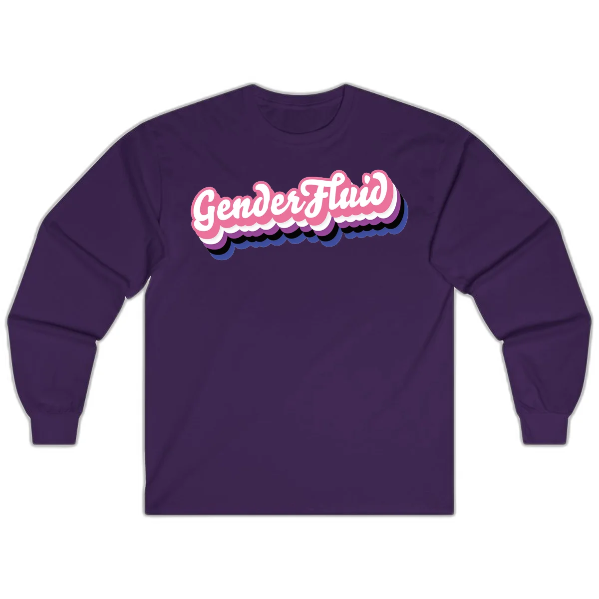 Colorful gender fluid pride design with white text and pink, purple, blue layered cloud effect in Purple