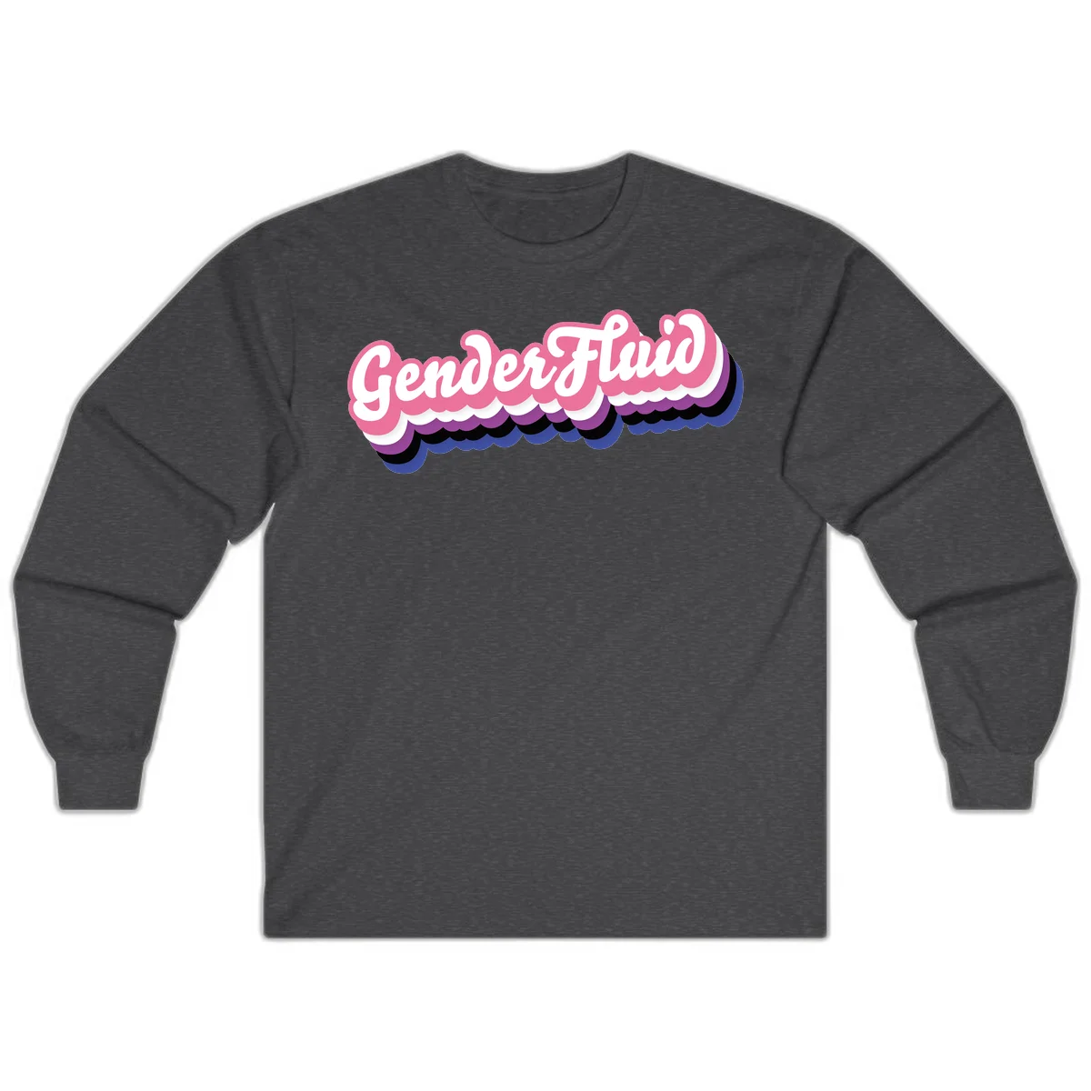 Colorful gender fluid pride design with white text and pink, purple, blue layered cloud effect in Dark Heather