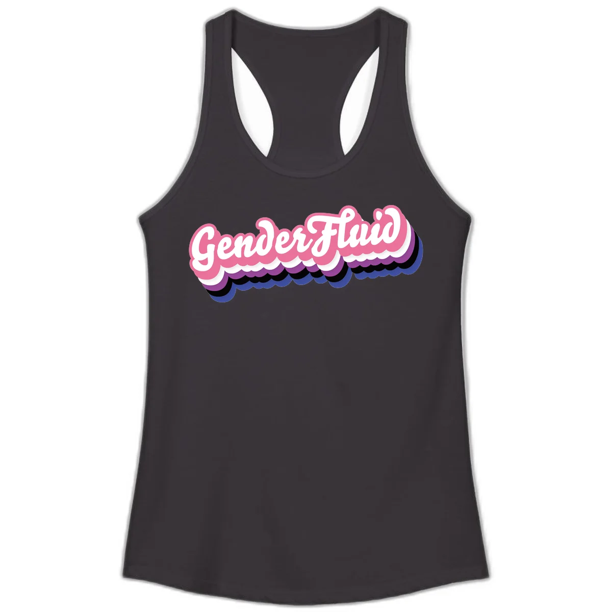 Colorful gender fluid pride design with white text and pink, purple, blue layered cloud effect in Black