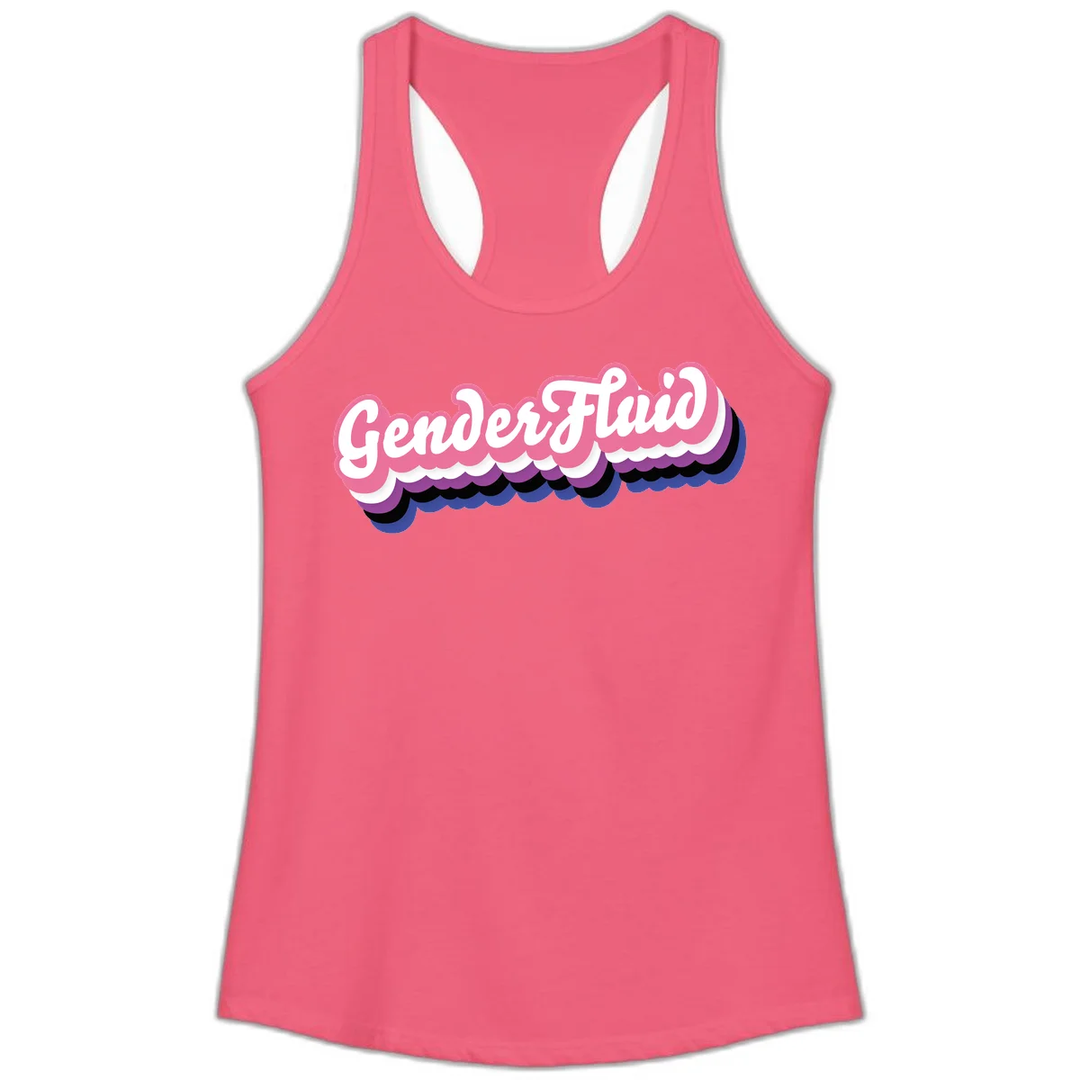 Colorful gender fluid pride design with white text and pink, purple, blue layered cloud effect in Hot Pink