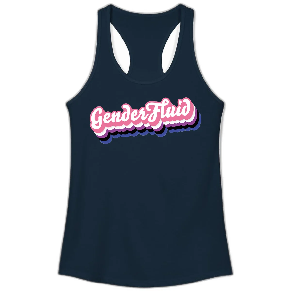Colorful gender fluid pride design with white text and pink, purple, blue layered cloud effect in Solid Midnight Navy