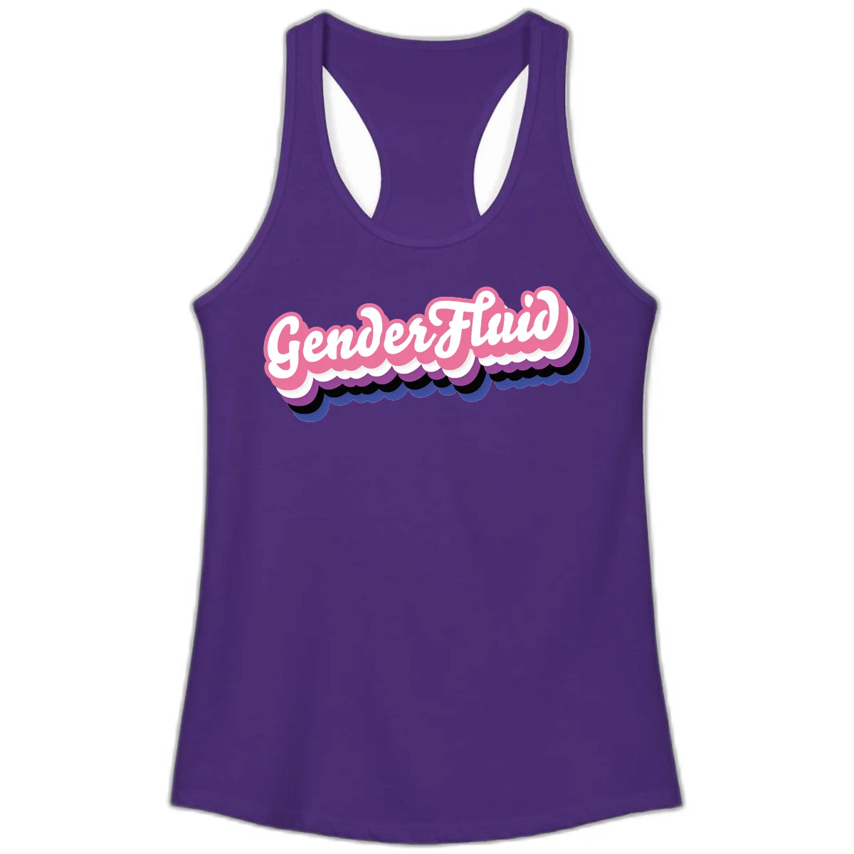 Colorful gender fluid pride design with white text and pink, purple, blue layered cloud effect in Solid Purple Rush