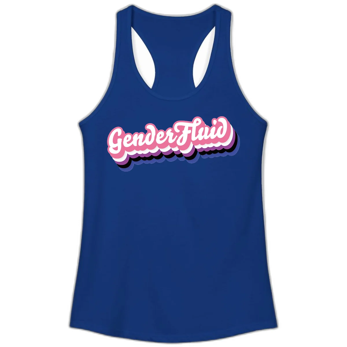 Colorful gender fluid pride design with white text and pink, purple, blue layered cloud effect in Solid Royal