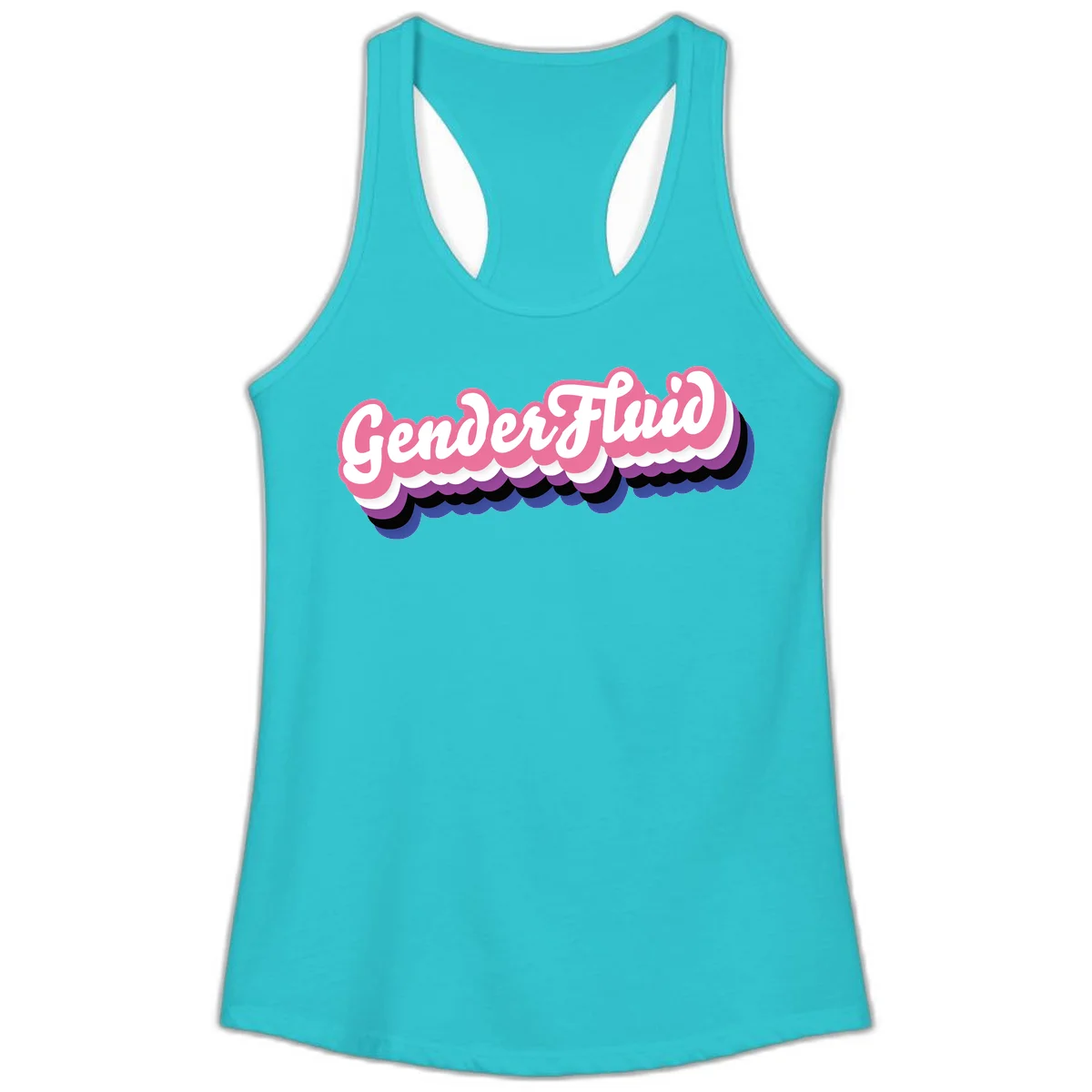 Colorful gender fluid pride design with white text and pink, purple, blue layered cloud effect in Solid Tahiti Blue