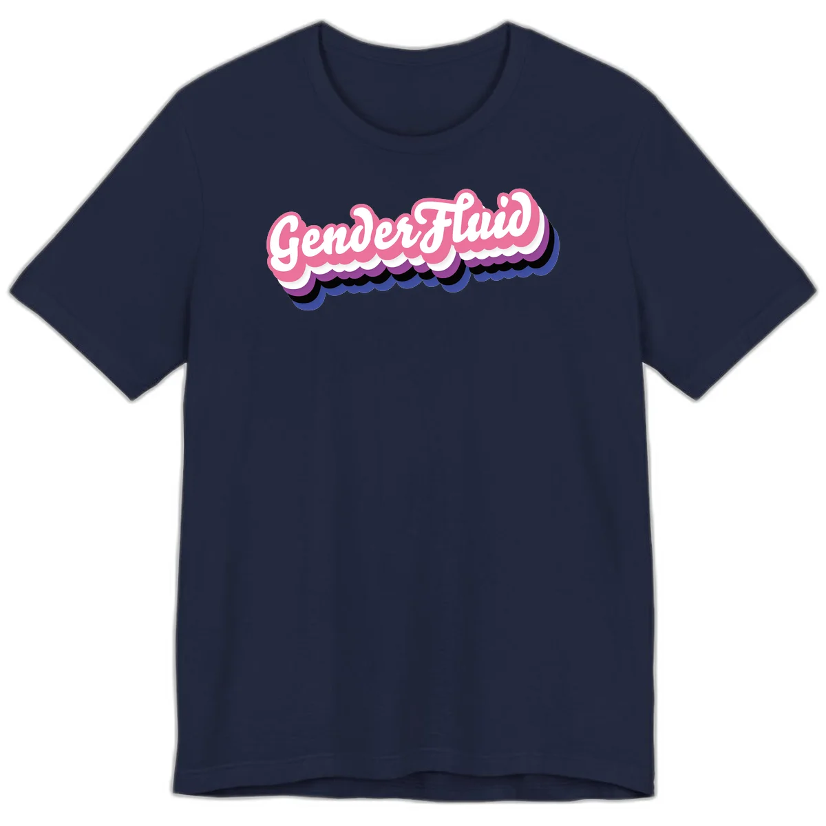 Colorful gender fluid pride design with white text and pink, purple, blue layered cloud effect in Navy