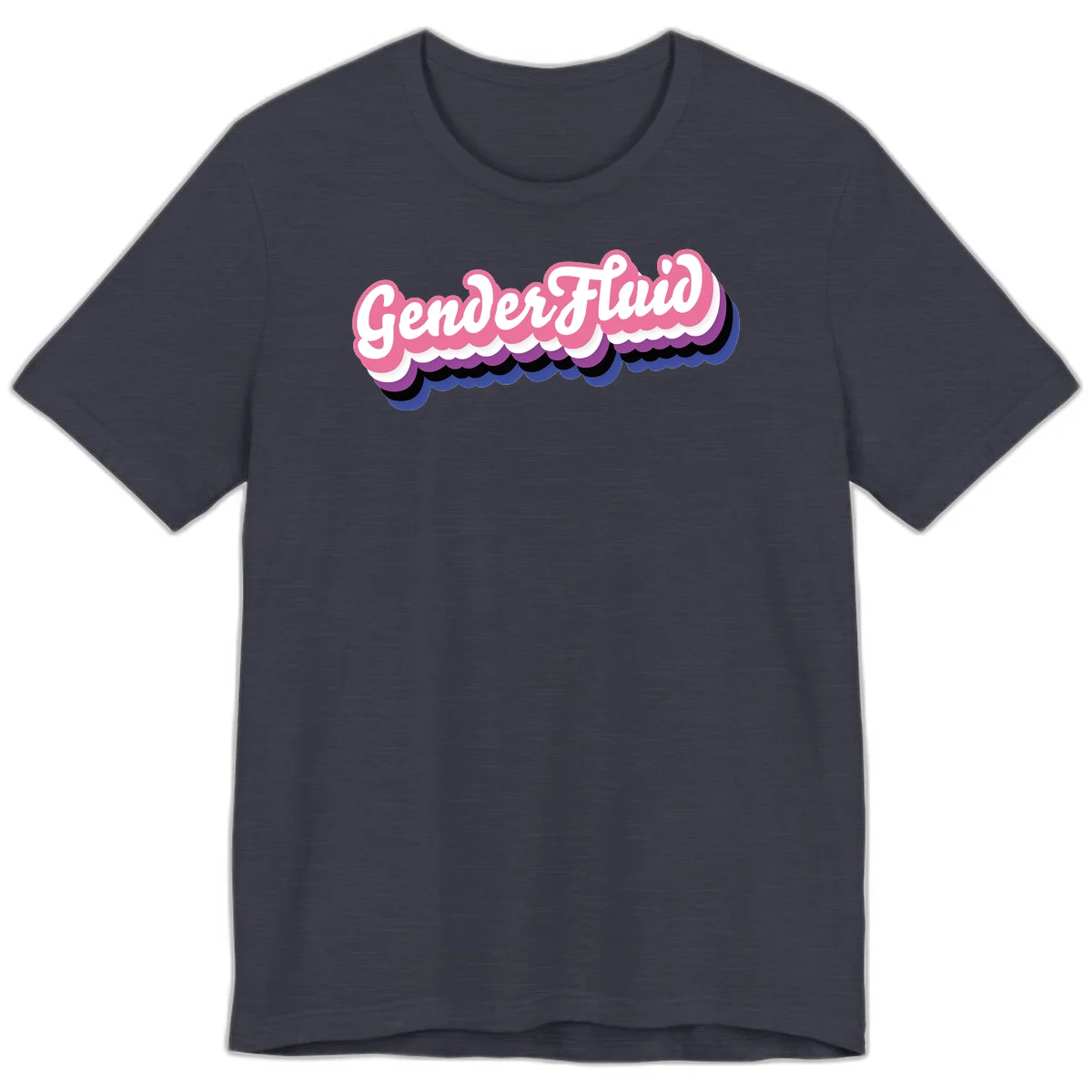 Colorful gender fluid pride design with white text and pink, purple, blue layered cloud effect in Heather Midnight Navy