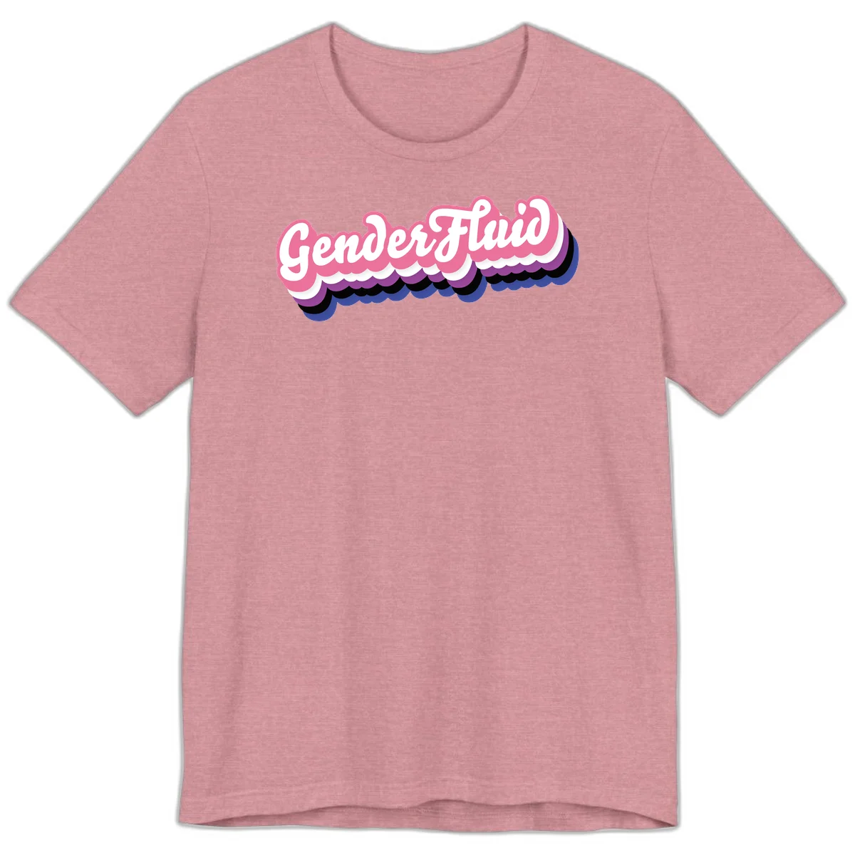 Colorful gender fluid pride design with white text and pink, purple, blue layered cloud effect in Heather Orchid