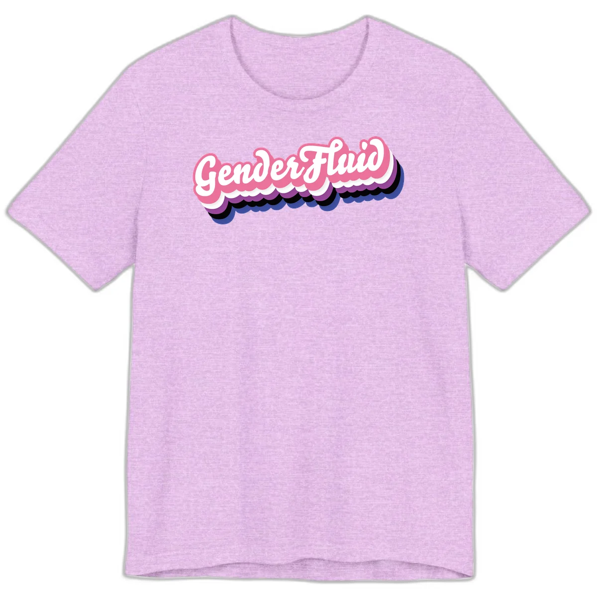 Colorful gender fluid pride design with white text and pink, purple, blue layered cloud effect in Heather Prism Lilac