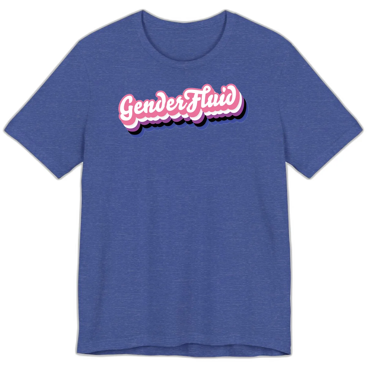 Colorful gender fluid pride design with white text and pink, purple, blue layered cloud effect in Heather True Royal